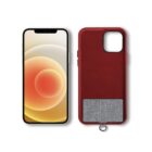 A smartphone with a glowing yellow and orange circular pattern on the screen is shown next to a red phone case with a textured gray section at the bottom and a metal ring for holding purposes.