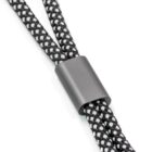 Close-up of a dual black and white braided rope held together by a matte gray metal clip. The rope features a checkered pattern, and the clip secures the segments neatly.