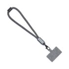 A lanyard with a black and white checkered cord and a gray badge holder. The holder features a rectangular design and is attached to the cord with a black clip.