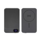 Two black wireless power banks are shown. One displays a digital charge level of 100% in white numbers. The other shows a circular charging symbol and a vertical line on its surface, indicating charge areas.
