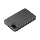 A sleek, black portable charger with a compact, rectangular design. It has a single USB-C port and a small button on the side, emphasizing its minimalist and modern appearance.