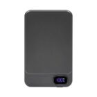A sleek black external battery pack with a digital display showing 100% PD in blue light. The device has a smooth, minimalist design and rectangular shape.