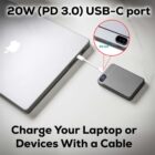 A laptop is connected to a portable power bank via a USB-C cable. The power bank features a digital display showing PD 3.0. Text on the image reads, 20W (PD 3.0) USB-C port - Charge Your Laptop or Devices With a Cable.