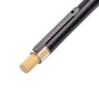 Close-up of a pen with a black body and a silver clip. The pen tip is made of wood, giving it a unique appearance. The background is plain white, highlighting the pens sleek and modern design.