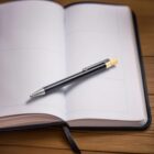 A pen rests on an open journal with blank pages. The journal has a dark cover and a ribbon bookmark. The setting suggests a quiet, contemplative environment, ideal for writing or planning. The surface underneath is wooden.