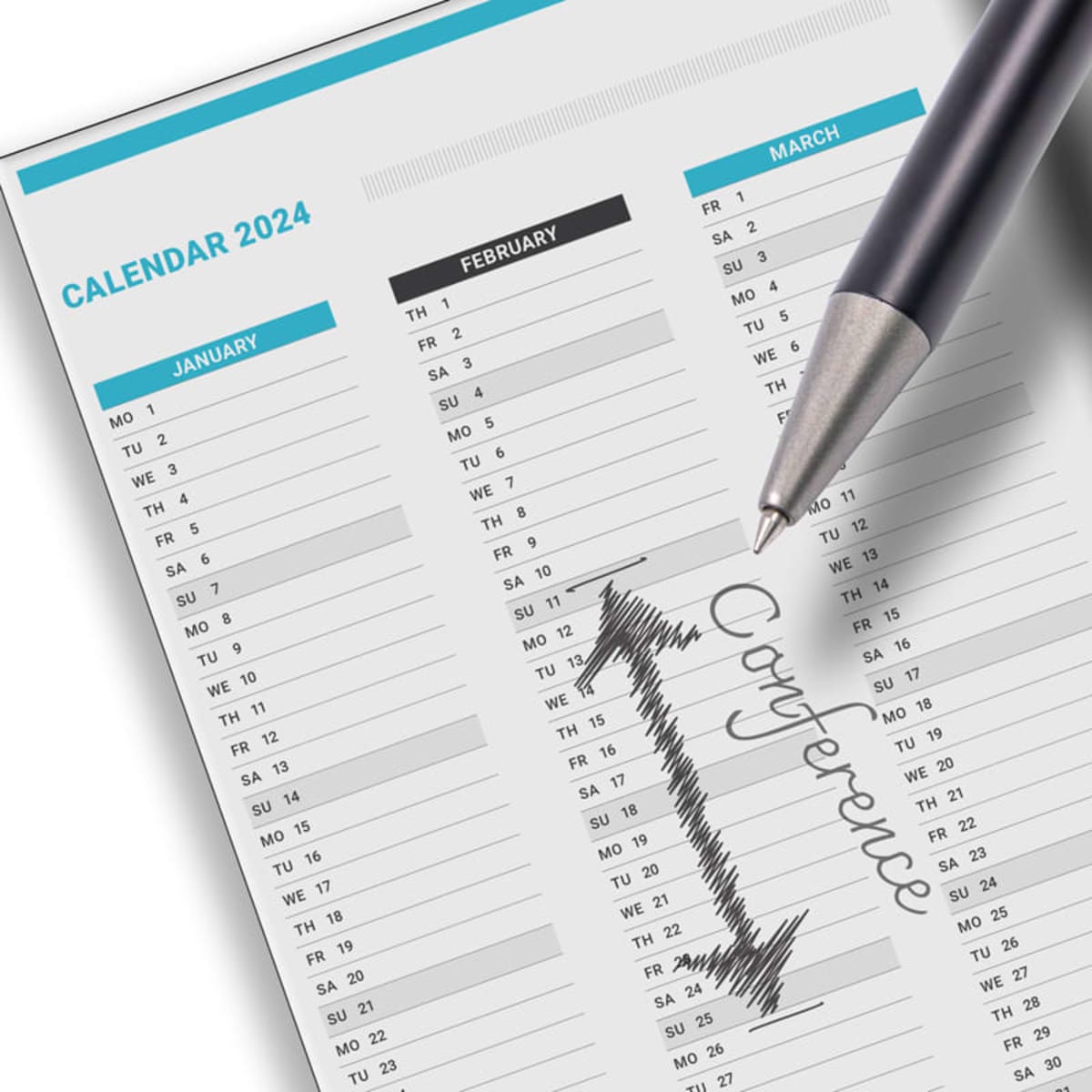 A 2024 calendar page with January, February, and March visible. A pen marks a conference from March 11 to March 15 with a bracket and the word Conference written beside it.