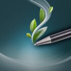 A pen with leaves and swirling lines emerging from its tip, set against a smooth, gradient teal background, symbolizing creativity and growth.