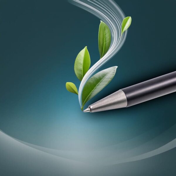 A pen with leaves and swirling lines emerging from its tip, set against a smooth, gradient teal background, symbolizing creativity and growth.