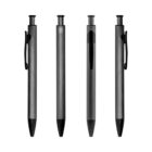 Four metallic gray retractable pens with black clips and tips, shown from different angles.