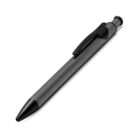 A sleek metallic gray ballpoint pen with a black clip and tip, positioned diagonally on a plain white background.