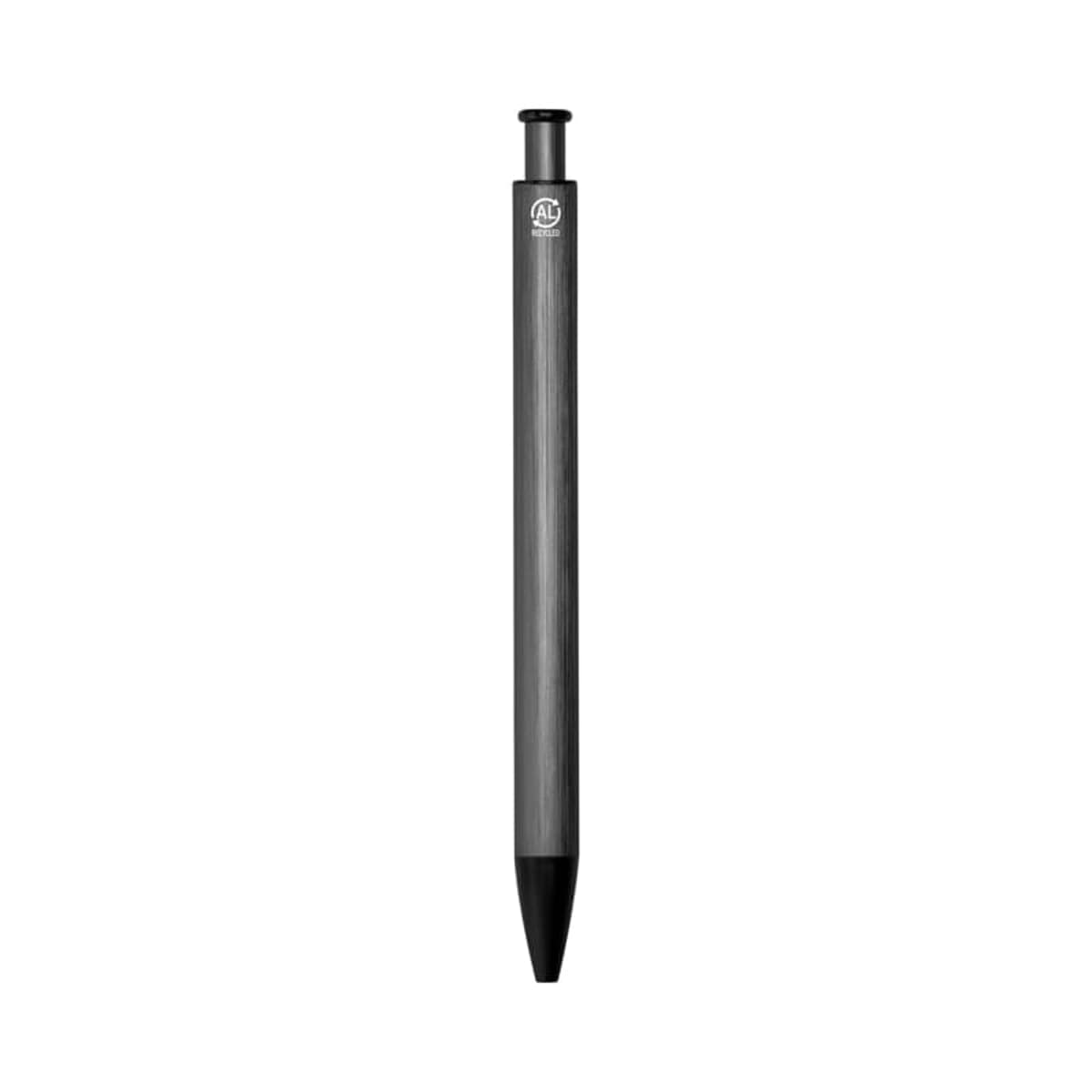 A sleek black ballpoint pen with a metallic finish and a button on top for retracting the tip. The pens design is minimalist, with a small logo near the top.