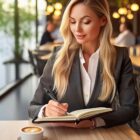A woman with long blonde hair in a gray suit writes in a notebook at a cafe table. A cup of coffee sits nearby. The background features warm lighting, a large window, and blurred figures in the distance.