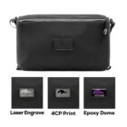 A black pouch with a rectangular logo area on the front. Below, three logo styles are shown: Laser Engrave, 4CP Print, and Epoxy Dome, each displaying a dolphin graphic and the text yourlogo.
