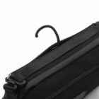 A black bag with a zippered closure and a plastic hook attached to the top. The hook protrudes from the center, suggesting it can be hung on a rack or rail. The bags design is simple and functional, with a sturdy strap visible.