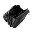 A black shoulder bag with an open top, showcasing its multiple compartments and zippers. The interior is lined and appears spacious, suitable for organizing items. The bag has an adjustable strap on the side.