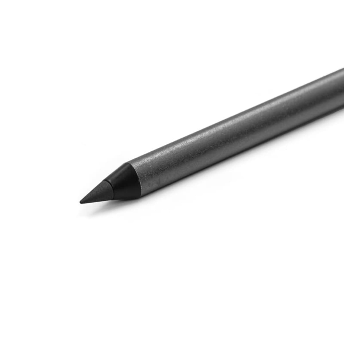 A close-up of a black stylus pen with a pointed tip, resting on a plain white background. The pen is positioned diagonally, with the tip facing the left side of the image.