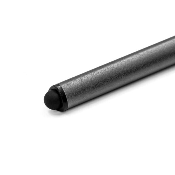 Close-up of a black stylus pen with a metallic finish, positioned at an angle on a white background. The focus is on the rounded tip designed for touchscreen devices.