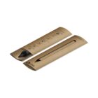 A long, cylindrical, brown cardboard package for a stylus with minimalist design. The package features a black outline of the stylus on one side and icons indicating recyclable material.