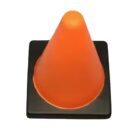 An orange traffic cone with a black square base, viewed from above. The cone is simple and placed against a plain white background.