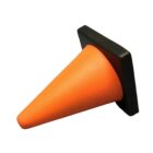 An orange rubber doorstop shaped like the tip of a traffic cone with a flat black base. The design allows it to be wedged under a door to keep it open.