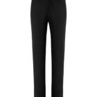 Black tailored trousers with belt loops and a front button closure, neatly pressed and displayed on a white background.