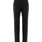 Back view of black, straight-leg trousers. The pants feature belt loops, two back pockets, and a tailored fit, set against a white background.