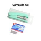 A green stapler with metal components in a transparent plastic box is shown alongside a blue and red box labeled STAPLES and a small stack of staples. Above, the text reads Complete set.