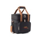 A black insulated cooler bag with brown straps and a side handle. It has a front zippered pocket displaying the Team Pro logo in red and yellow. The main compartment has a double zipper.