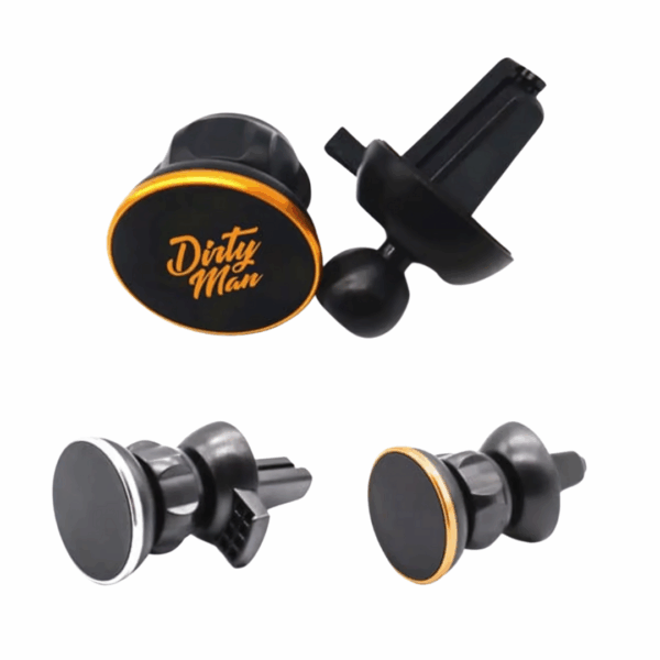Set of 4 round black Car Vent Holder With Logo Dome air fresheners with metallic trim.