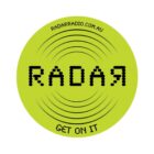 A lime green circle with the word RADAR in a black pixelated font. Above, RADARADIO.COM.AU is written, and below, GET ON IT is displayed. Concentric curved lines surround the text, resembling radar waves.