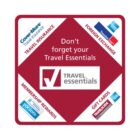 Square graphic titled Dont forget your Travel Essentials with sections for Travel Insurance, Foreign Exchange, Gift Cards, and Membership Rewards. Includes logos for Cover-More, Travelex, Trans-Sonic, and Points.