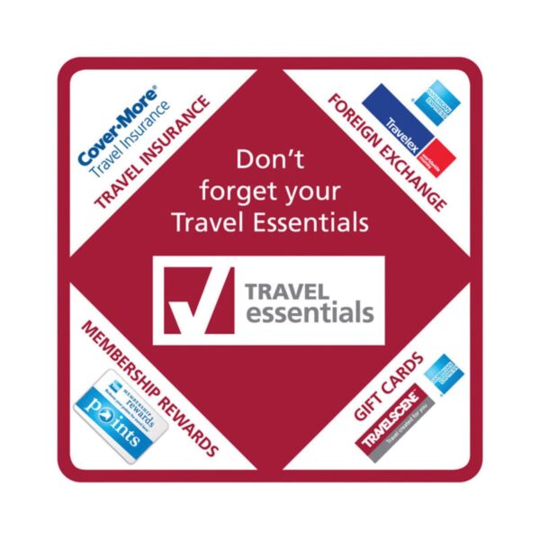 Square graphic with the text Dont forget your Travel Essentials in the center. Corners display categories: Travel Insurance, Foreign Exchange, Gift Cards, and Membership Rewards, each with corresponding logos.