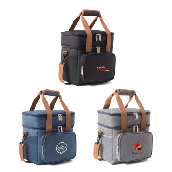 Three insulated lunch bags with brown handles. The bags come in black, blue, and gray, each with a front pocket, zippered main compartment, and unique logo on the front. Theyre designed for easy carrying and storage.