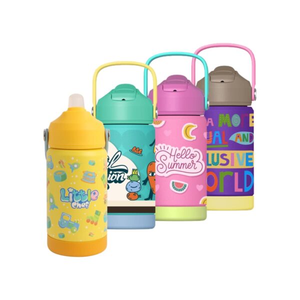 Four colorful childrens water bottles are displayed in a row. Each has a unique design: yellow with toys, blue with cartoon characters, pink with Hello Summer and watermelon graphics, and purple with vibrant text and abstract patterns.