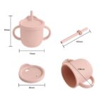 Image of a pink sippy cup set for children with dimensions. It includes a cup with double handles, one lid with a straw hole, a separate straw measuring 105mm, and a spill-proof lid, with the cups height and width marked.