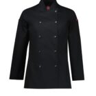 Black double-breasted chefs jacket with long sleeves and a stand-up collar, featuring black buttons in two parallel rows.