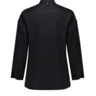 Back view of a black long-sleeve button-up shirt on a white background. The shirt features a straight collar and button cuffs, with a loop detail on the upper back.
