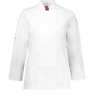 A white chef coat is displayed against a plain background. The coat has long sleeves, a double-breasted front with buttons, and a stand-up collar. A small red tag is visible on the chest area.