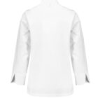 Back view of a plain white long-sleeve chefs jacket. The jacket features a high collar, vented cuffs, and a straight hem. The fabric appears crisp and clean, emphasizing a professional appearance.