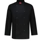 Black double-breasted chef jacket with long sleeves and a red Yes Chef label on the chest. The jacket features multiple buttons on the front and a clean, professional design.