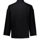 A black chefs jacket is displayed from the back. It features long sleeves, a stand-up collar, and a sleek, simple design without visible buttons or embellishments.