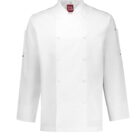A white chef coat with long sleeves, a mandarin collar, and a double-breasted front. It features a small logo tag on the inside near the collar and has pocket detailing on the sleeves.