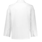 A white chefs jacket viewed from the back, featuring a high collar and long sleeves with small slits near the cuffs. The material appears crisp and smooth, suggesting a professional kitchen garment.
