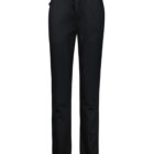 Black straight-leg pants with an elastic waistband and a button closure. The pants have side pockets and a simple, minimalist design. The fabric appears smooth and is well-fitted, suited for casual or semi-formal wear.