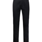 Black trousers with a zipper and button closure at the waist. The pants have a simple design with straight legs and visible stitching on the front.