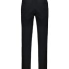 Black pants with an elastic waistband, viewed from the back. The pants have two back pockets and a straight-leg design.