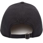 Black perforated baseball cap, back view with adjustable strap and metal buckle.