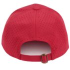 Back view of a red perforated baseball cap with an adjustable strap and metal buckle.