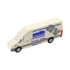 A 3D model of a white van with stylized blue text and graphics on its side. The van is viewed from a slight angle, highlighting the passenger side and the front.