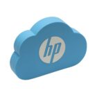 A blue, cloud-shaped object with the HP logo in white on its surface. The design is simple and minimalistic, conveying a sense of technology and innovation.